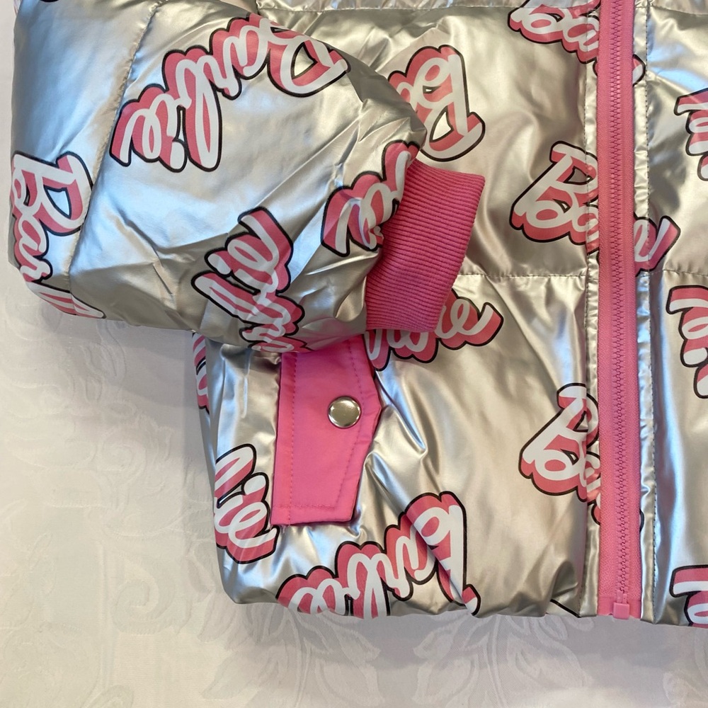 Barbie Girl 1pc Logo Pattern Long-sleeve Crop Puffer Jacket Silver and Pink - Picture 10 of 12